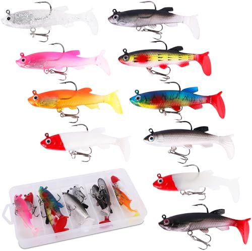 RNHDLY Angelköder 10 Stück Gummifische mit Jigkopf, 14g Gummifische mit Angelköder Box, Gummifische Kunstköder Angelköder Set für Hecht Barsch Zander Angeln Köder