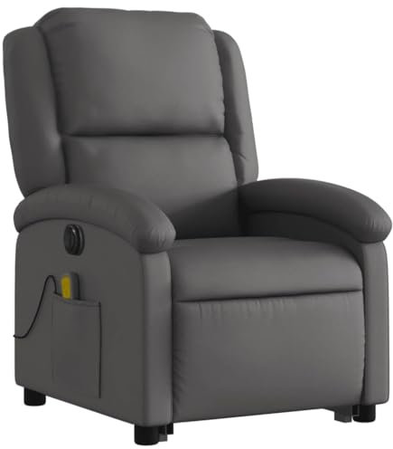 vidaXL Massagesessel, Sessel mit Aufstehhilfe Elektrisch, Relaxsessel mit Liegefunktion Vibrationsfunktion, Fernsehsessel Liegesessel Aufstehsessel, Grau Echtleder