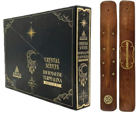 Aromasenses | Incienso Aroma Crystal Turmalina + 1 Tablilla Aromasenses | Minerales Esotéricos | Caja Completa de 12 Cajetillas de Incienso + 12 Cajitas con Minerales Turmalina | Purificación