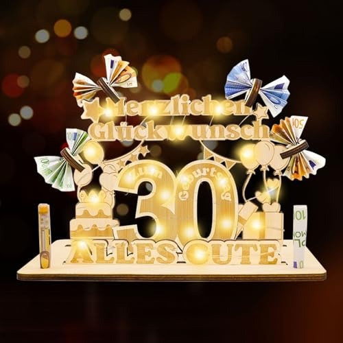 Idota Geschenke 30 Geburtstag Frauen & Männer - Geldgeschenke Geburtstag | Holz-Schild Gästebuch Geldgeschenke Geburtstag 30 mit LED Lichterketten,Personalisierbares Geschenk,Geburtstag Frauen 30 Deko