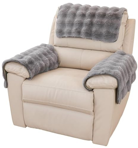 3 Pcs Faux Rabbit Fur Sofa Armrest Cover,1/2/3 Seater Sofa Headrest Slipcovers Nonslip Armchair Cover for Recliner Chair Fluffy Furry Cover Soft Fuzzy Couch Cover for Dogs Washable Furniture Protector