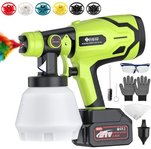 JiGiU Cordless Paint Sprayer with 21V Battery Fence Paint Sprayers HVLP Spray Gun Handheld Paint Gun 300W/ 1000ml/ 6 Nozzles/ 3 Patterns Paint Sprayer Adjustable Flow Control for Cabinet,Wall,Ceiling