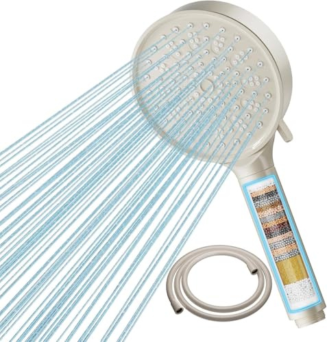 Cobbe Filtre Pommeau de douche Anti Calcaire avec 20 Étapes Filtre et avec Tuyau 1,5M, 6 Types de Jets Pommeau Économie Deau Haute Pression, Kaki