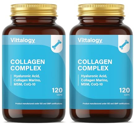 VITTALOGY Collagen Complex Suplemento Natural de Colágeno Hidrolizado Marino con Ácido Hialurónico, Magnesio, Coenzima Q10 y Vitaminas A, B12, C y D. Colágeno para Articulaciones y Piel. 240 Cápsulas