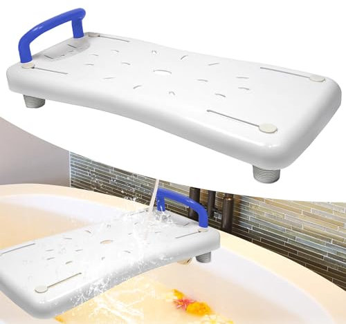 Suusolny Sedile per vasca da bagno per anziani, 70 x 31 cm, regolabile, 41 – 63 cm, per vasca da bagno, per doccia, portasapone e manico ergonomico fino a 150 kg, manico blu