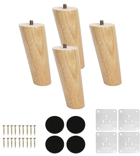 KINDPMA 4 Pièces Pieds de Meuble 12 cm, Pieds de Meuble Inclinés en Bois, Pieds D'armoire avec Plaques de Montage, vis et Coussinets en Caoutchouc Silencieux pour Canapé, TV, Placard, Lit, Table