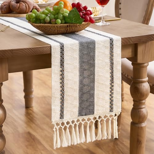 Aisybaklyn Boho Camino de Mesa Gris 30x140 cm Moderno Bohemias Tapete Algodón y Lino con Borlas Tejido Calado para Rustico Boda Fiesta Hogar de Comedor Decoración Cocinas Table Postres
