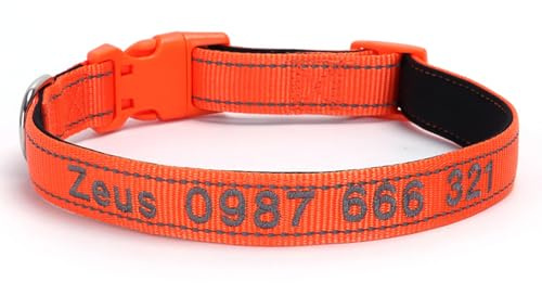Personalisiertes Hundehalsband mit Namen, individuell bestickter Kosename und Telefonnummer, verstellbare Größen, kleine Schnellverschlussschnalle, reflektierende Haustierhalsbänder (orange Farbe)
