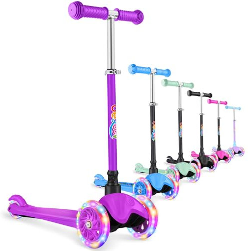 BELEEV A2 Scooter Roller Kinder 2-6 Jahre, 3 Räder Kinderroller mit LED Leuchtende Räder, 4 Höhenverstellbare, Rutschfestes Deck, Lean to Steer, Roller Kinder 2 Jahre Mädchen Jungen Geschenk