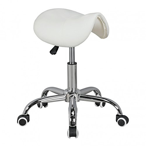 KADIMA DESIGN Menton - Sattel-Hocker in Weiß | Arbeitshocker mit Kunstleder-Bezug | Sitzhocker ist höhenverstellbar | Kosmetikhocker & Praxishocker mit Sattelsitz | Friseurhocker