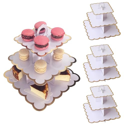 4 Pack Cardboard Cake Stand 3 Tier, Disposable Cupcake Dessert Holder Display Tower Square Afternoon Tea Stands Food Serving Platter for Birthday, Wedding, Party
