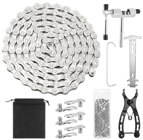 Bike Chain, 6/7/8 Speed Chain 116 Links (1/2x3/32), Mountain/Road Cycling Maintenance Tools Kit Includes Link Plier, Cutter & Inspection Gauge, Bicycle Chain for Road Mountain Racing Cycling