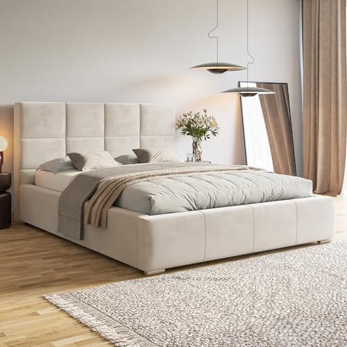 MOTIVENA Luna Bett 200x200 Beige Samt, mit Stauraum, mit Kopfteil, mit Lattenrost, mit Füßen, mit Matratze H2/H3, Polsterbett 200x200 mit Bettkasten Beige (Creme)