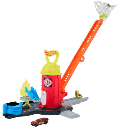 Hot Wheels-bilbanset, leksetet City Super Rescue-brandstation och brandbil i skala 1:64, stegbanan kan förlängas till 40cm, 4 olika utgångar, enkel förvaring, JHL95