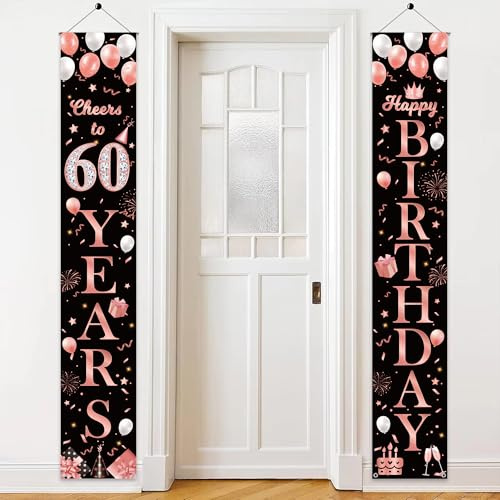 Deko 60 Geburtstag Frau Roségold Banner - 2 Stück 60 Years Birthday Banners (180 X 30cm), Stoff Geburtstagsdeko Türbanner für Frauen 60 Jahre Geburtstagsfeier Hintergrund