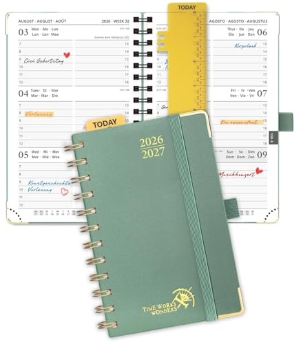 POPRUN Taschenkalender 2026 2027 Spiralbuch mit Hardcover ca.A6(10x15,6cm) | 17-Monate-Terminplaner,(Aug.2026-Dez.2027),Kalender 2026 2027,Wochenplaner mit Vergoldete Schutzecken(Mitternachtsgrün)