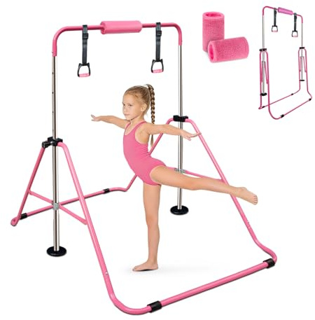 Triclicks Gymnastics bar with bar Pads/Rings/Gloves, Foldable Horizontal Bar, Adjustable Height Training kip bar, kids Gymnastics Equipment, Junior Flexibility Training for Home Gym Garden (Pink)