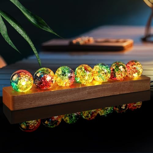 LOSCHEN 7 Multicoloured Crackle Balls with LED Sapele Wood Base, Positive Energy Decorative Ice Crackled Balls, Natural Healing Spheres Set for Home, Yoga, Meditation