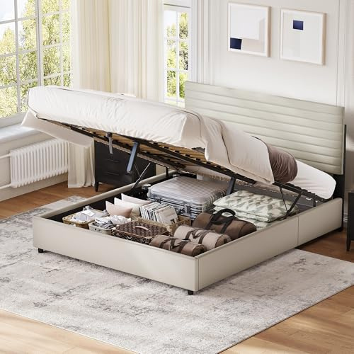 Besbed Upholstered Double Bed Frame with Storage, Ottoman Bed with Hydraulic, 4FT6 PU, Double Bed Frame for Adults and Teenagers, 135x190cm,(No Mattress)