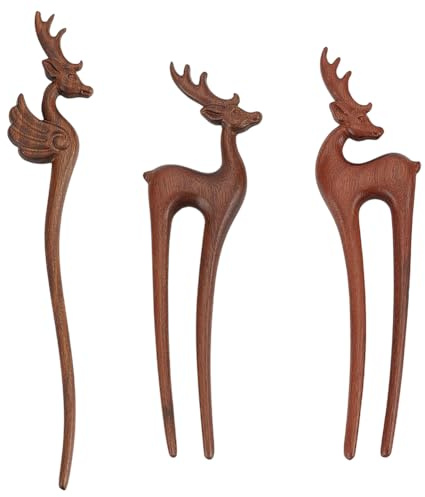 WEBEEDY 3 estilos de palillos de madera con diseño de ciervo francés, horquillas para el pelo para mujer, en forma de U, horquillas chinas vintage para uso diario, cosplay, peinados, regalos del día