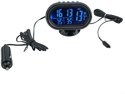 Feeshoppher Thermomètre de voiture Voltmètre avec capteur et alimentation, support ABS noir pour tableau de bord, affichage de la température et de la tension avec alarme de surtension ou de