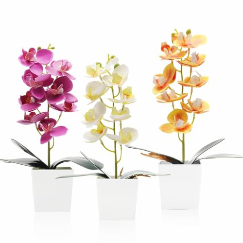LOMUG 3er Set Orchideen künstlich 30 cm Kunstblumen im Topf, Kunstblumen wie echt, Künstliche Orchideen im Topf, Kunstorchidee Phalaenopsis mit Übertopf Kunstpflanze Hochzeit Deko Blumen Seidenblume