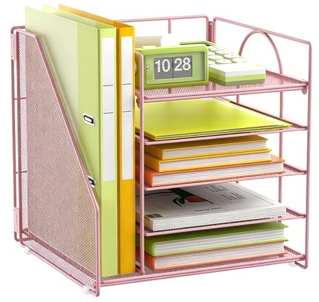 Schreibtisch Organizer, 5-Stufig Briefablage mit Aktenhalter, Rosa