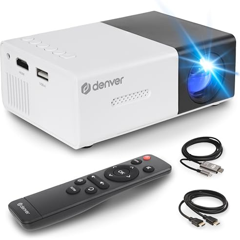 Denver PR-1000 miniprojektor, stöder Full HD 1080p, bärbar LED-projektor med HDMI, USB-C och MicroSD, kompakt hemmabioprojektor 20–60 tums skärmstorlek