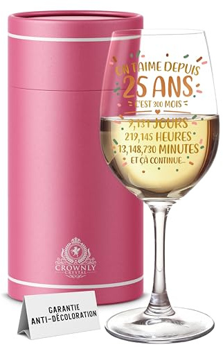 CROWNLY CRYSTAL Verre à Vin Personnalisé 25 Ans Cadeau 25 Ans Femme Verre Cristal Anniversaire On T'aime Depuis 25 Ans Coffret Cadeau Rose