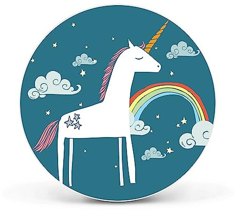 banjado Magnettafel Ø 47cm Weiß - Magnetwand aus Metall - Magnetpinnwand als Memoboard - Pinnwand Magnettafel Küche, Büro, Kinderzimmer inkl. 4 Magnete & Montageset - Einhorn