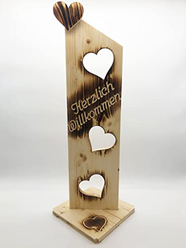 Der Einschneider Willkommensschild Haustür mit Herzen - Geflammtes Herzlich Willkommen Schild - Türschild Holz Deko, Gartendeko, Türdeko - Lackiert & Wetterfest - 25 x 20 x 79 cm
