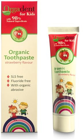 Dentífrico para Niños Sabor Fresas silvestres, con Aloe Vera y prebioticos Orgadent, SLS free, Fluoride free, Organic abrasive 50ml Seguridad y Correcta Limpieza de los Dientes de Leche