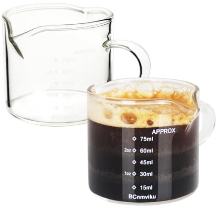 BCnmviku 75ml Espresso Measuring Cup,V-Shaped Pouring Spout Shot Glasses,Milk Jug with Handle for Barista,Coffee,Cappuccino,Latte,Liquid(2 Pack)