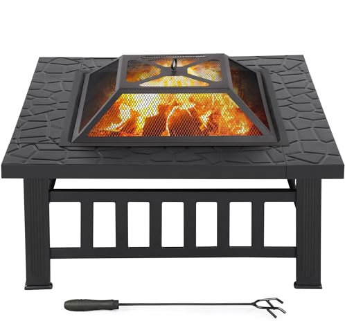 Yaheetech Brasero Extérieur 3 en 1 Carrée Multifonctionnelle 81x81x50cm pour Terrasse Balcon Poêles à Bois avec Couverture en Maille Poker Noir