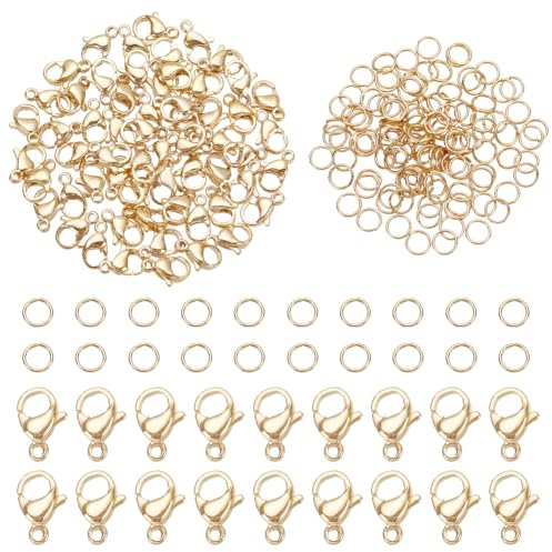 PandaHall 120pcs 304 Edelstahl Jump Ringe 4mm Jump Ringe mit 60pcs Hummer Verschluss Schmuck Verschluss Verbindungsstück Armband Clips Verschlüsse für Ohrring Armband Halskette Anhänger, Golden