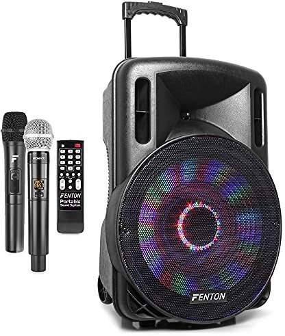 Fenton FT15LED Portable PA Speaker System with Wireless Microphones, Bluetooth, Battery Powered PA System Ideal for Parties, Events and Live Performances