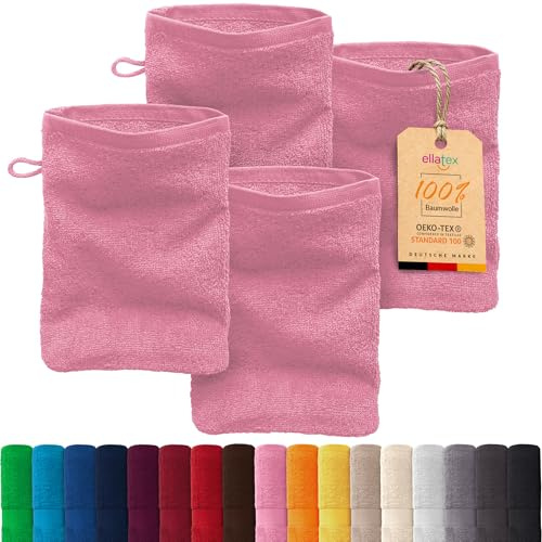 EllaTex Paris 4er Set Waschhandschuhe 15x21 cm – 100% Baumwolle, 500 g/m² Frottier, flauschig, Farbe: Rosa