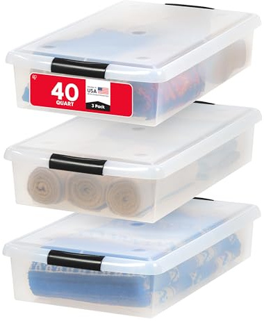 IRIS USA plast 40 liter under sängen förvaringsbehållare med lock och hållbara spännen multifunktion för kläder, skor, täcken, 6-pack, klar