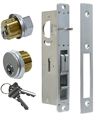 Alsecure Türschloss für den Schaufenster, kommerzielles Einsteckschloss, Haken-Riegel, Zylinder-Kombination aus massivem Messing, mit Schlüssel und Drehknopf, 1.1/8 Zoll Dornmaß, Silber