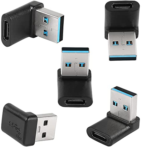 QIANRENON 90 ° USB 3.1 auf USB C Adapter, USB A Stecker auf Typ C Buchse, rechtwinkliger Koppler 10 Gbit/s OTG Datenübertragungsstecker für Smartphone, Laptop, Tablet, Schwarz, 5 Stück