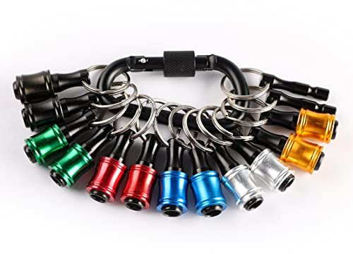 Katerk Portable Bit holder Keychain 12pcs Holders and 2pcs Connection Rods, 1/4 inch Hex Shank Screwdriver Bits Retainer, Quick Realease Bar Drill Screw Adapter Light-weight