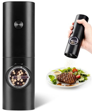Electric Pepper Grinder or Salt Mill, Battery Powered Automatic Pepper Mill, Ceramic Grinder with Adjustable Coarseness, LED Light, One Hand Operation (1 Pack)