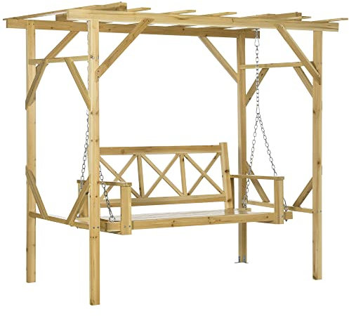 Outsunny Hollywoodschaukel mit Pergola, 2-Sitzer Gartenschaukel, Wetterbeständige Schaukebank für Garten, Balkon, Massivholz, Natur, 221 x 140 x 196 cm