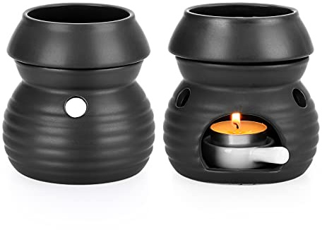 BSTKEY 2 Stück Keramik Ätherisches Öl Brenner Wachs Schmelzbrenner, Home Decor Aroma Diffusor Teelicht Kerzenbrenner mit Kerzenlöffel, Kürbisform (Schwarz)