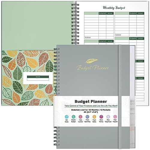 Budget Planner and Expense Tracker - Financial Planner With 12 Pockets, Undated Monthly Bill Organizer Notebook for Saving Money, Debt and Spending Tracker 8.3 x 5.8 (A5, Gray)