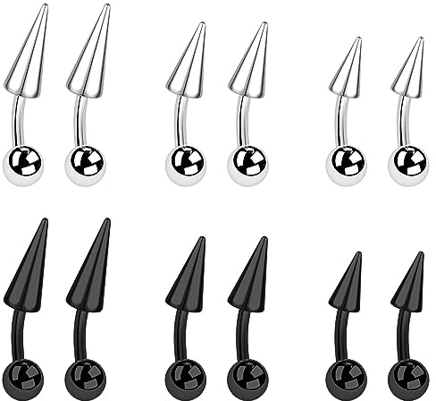 BodyAce 12PCS Spike Rook Earrings Eyebrow Rings, 316L Surgical Steel 16G Curved Barbell Cartilage Helix Earring, Lip Rings Tragus Daith Piercing Jewelry (Bar Length:6mm)