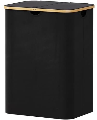 Lifewit Cesto para la Ropa Sucia de 150L con Tapa, Cesta para la Colada con Asas de Bambú y Una Bolsa Extraíble, Cesto de Ropa Plegable Grande para Dormitorio, Cuarto de Baño, Lavadero, Negro