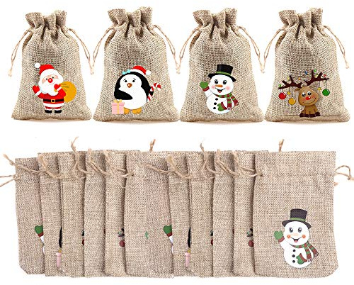DERAYEE 12 Stück Weihnachtstüten(10x15cm) Weihnachtstasche Karikatur, Weihnachtsmann, Schneemann, Elch, Pinguin für Kinder Weihnachtsgeschenke