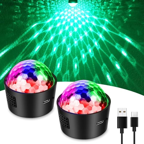 Mini diskoboll barn, 2-pack, SEBRUANC discoljus, LED-festljus, musikstyrda discopartylampor, 380 mAh USB typ C, DJ boll, nattlampa för fest, födelsedag, julklapp, halloween