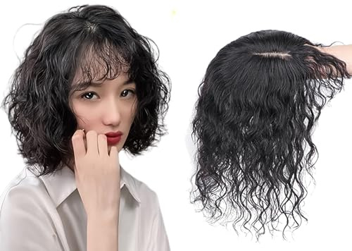 100 % Echthaar Topper Mit Pony, Locken Haartoupet for Frauen Mit Dünner Werdendem Haar, Clip-in Top Haarteile Mit Seidenbasis, Natürliche Schwarze Haarverlängerungen Zum Abdecken Von Weißem Haar ( Siz